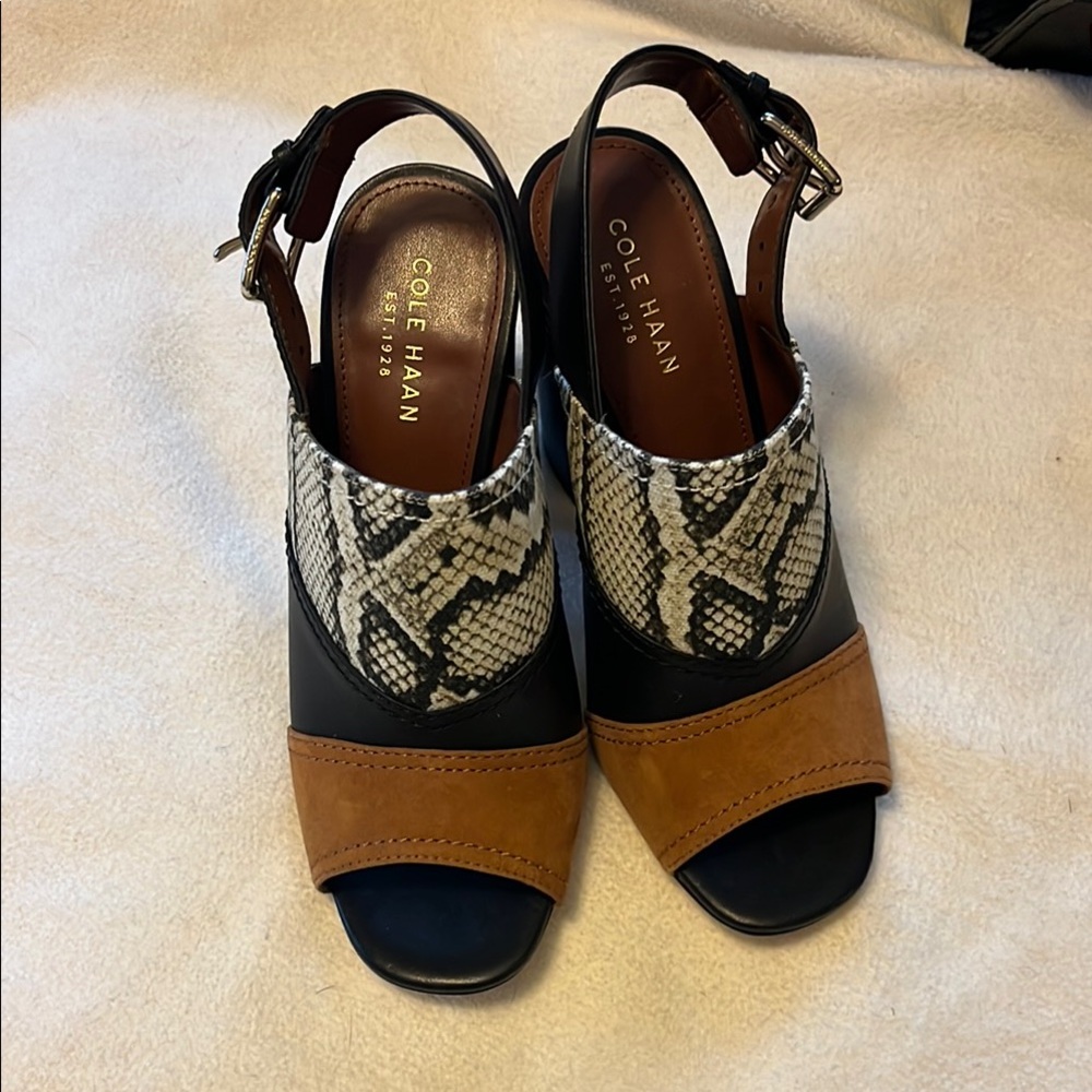 Cole Haan Black and Tan Heels with Chunky Heel